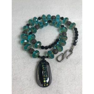 Amber Waves - Sterling & Sea Green Glass Beads - Iridescent Acrylic Pendant- 18"